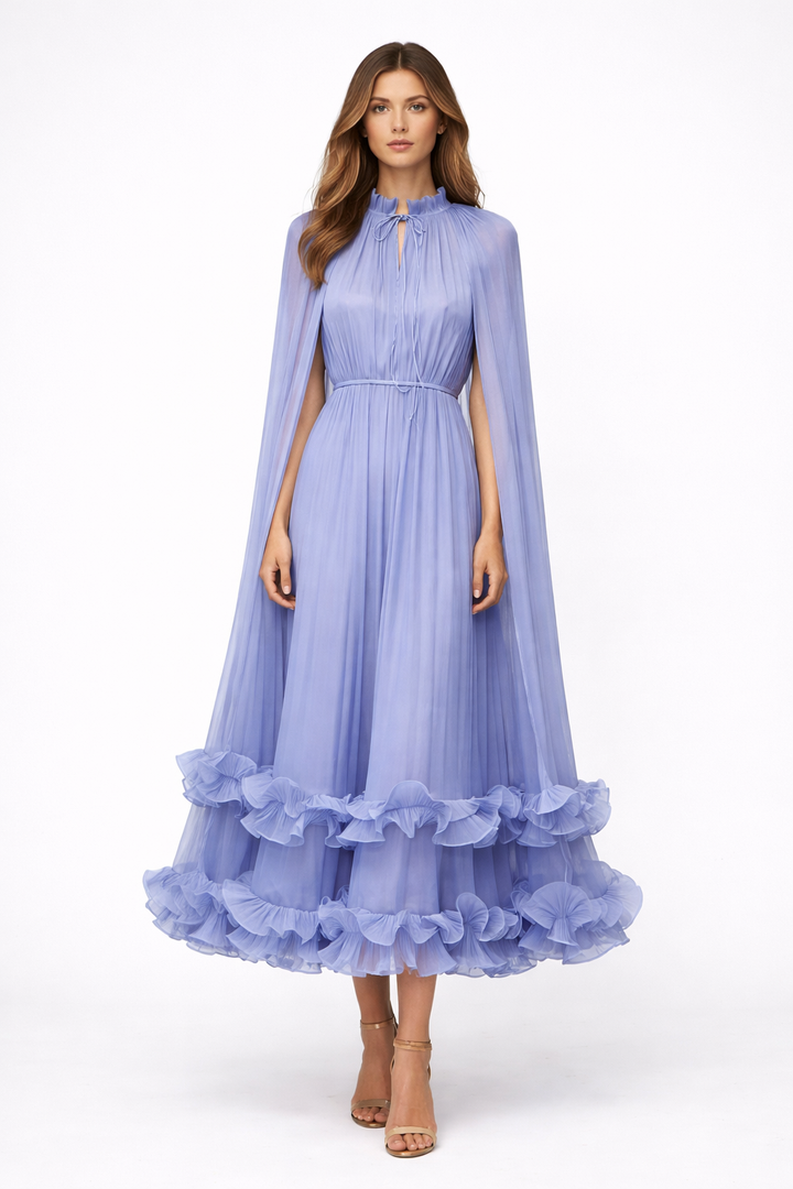 sheer pleated midi dress with cape sleeves and ruffled hem – AZURA