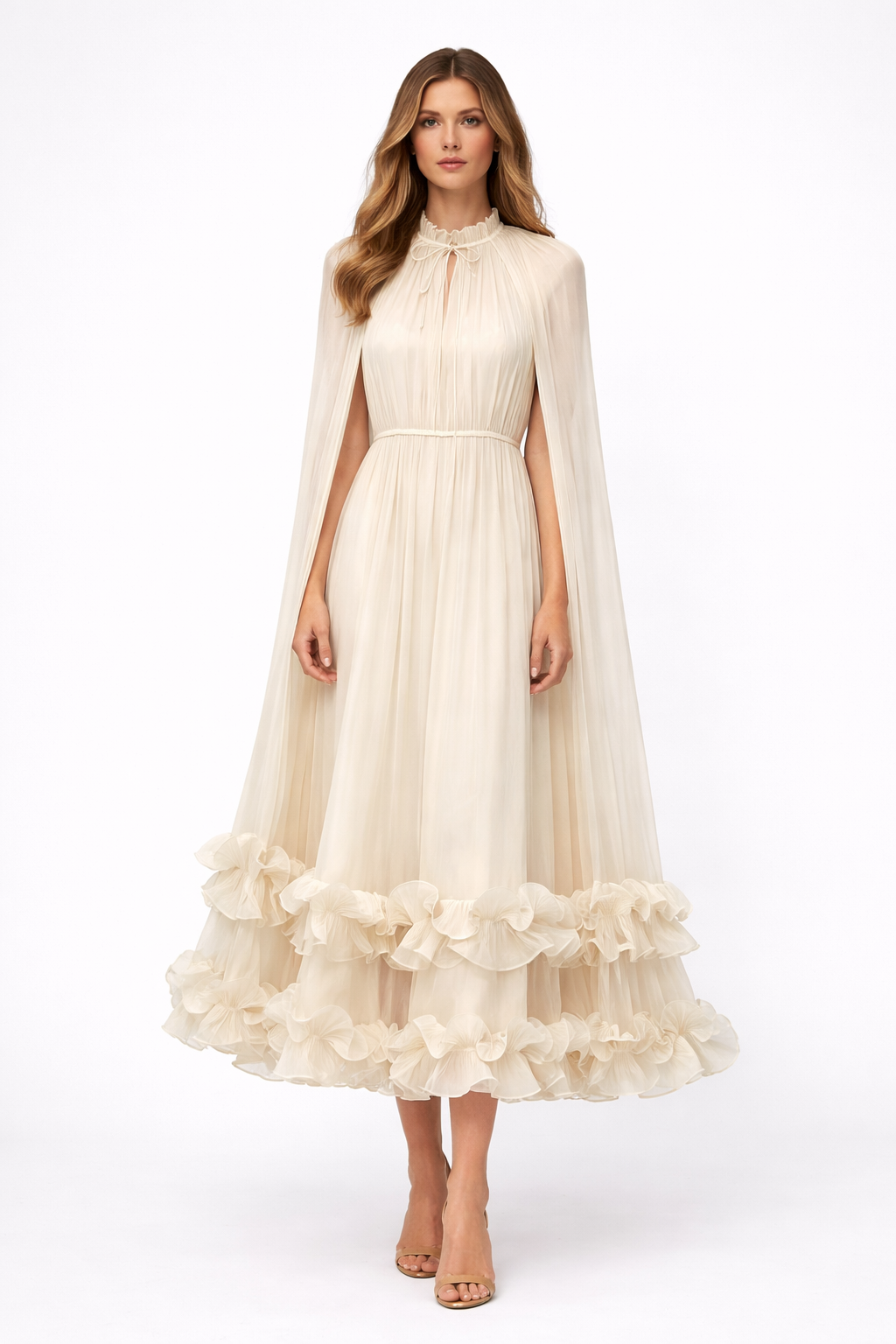 sheer pleated midi dress with cape sleeves and ruffled hem – AZURA