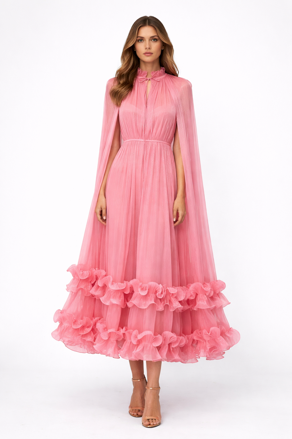 sheer pleated midi dress with cape sleeves and ruffled hem – AZURA