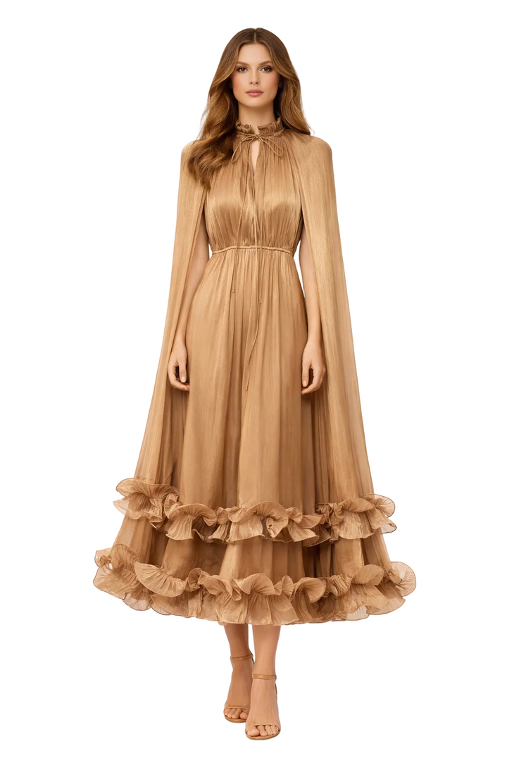 sheer pleated midi dress with cape sleeves and ruffled hem – AZURA