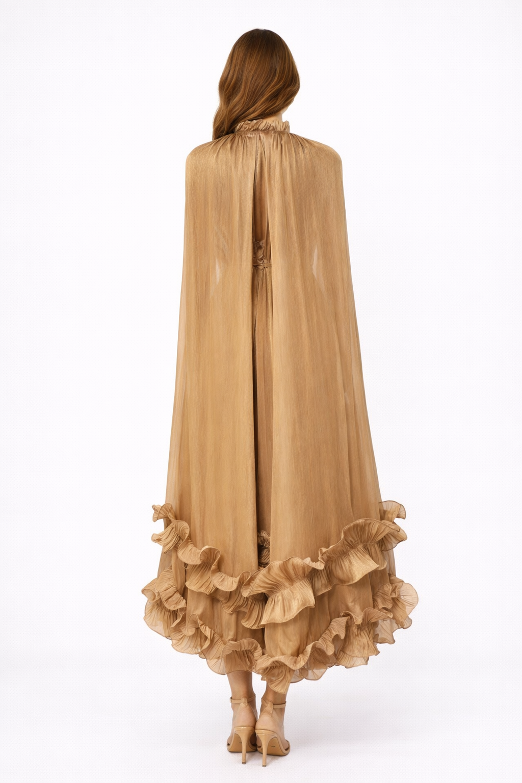 sheer pleated midi dress with cape sleeves and ruffled hem – AZURA