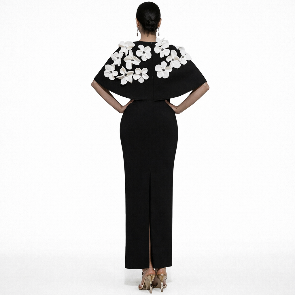 cape sleeve column dress with floral shoulder detail – ÉLITE