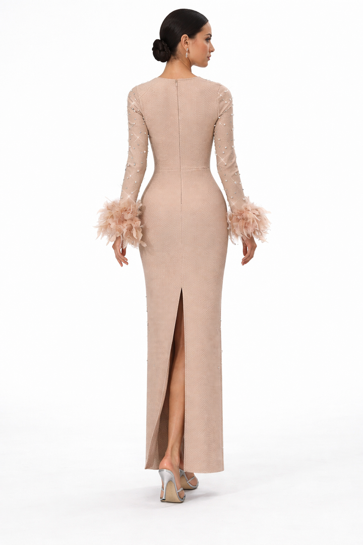 embellished mesh evening gown with feather cuffs – SARA