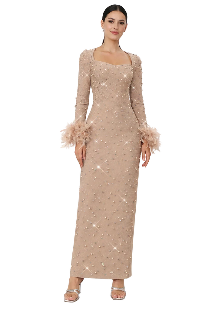 embellished mesh evening gown with feather cuffs – SARA