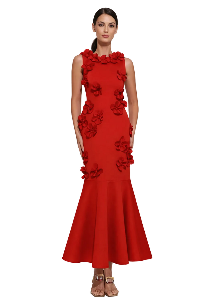 sleeveless mermaid dress with 3D floral appliqué – SCARLET