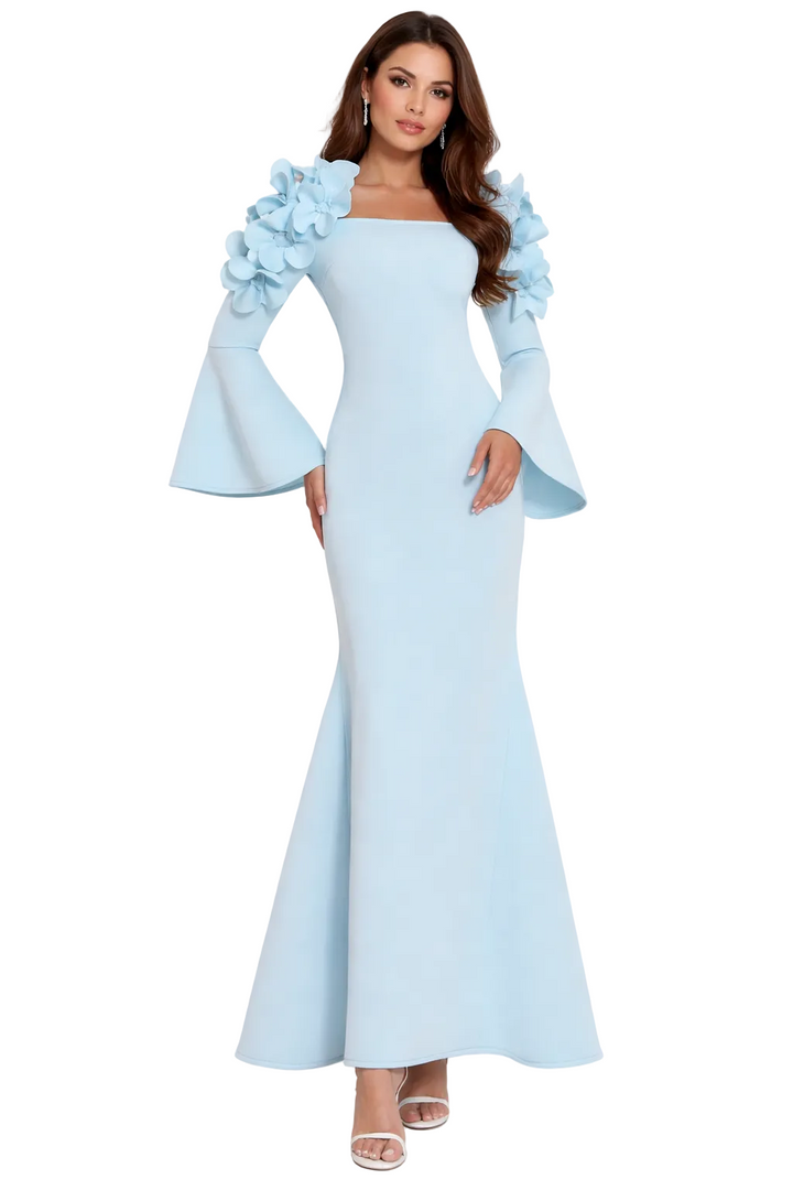 off-shoulder mermaid dress with bell sleeves and floral appliqué – ODD- BLOSSOM