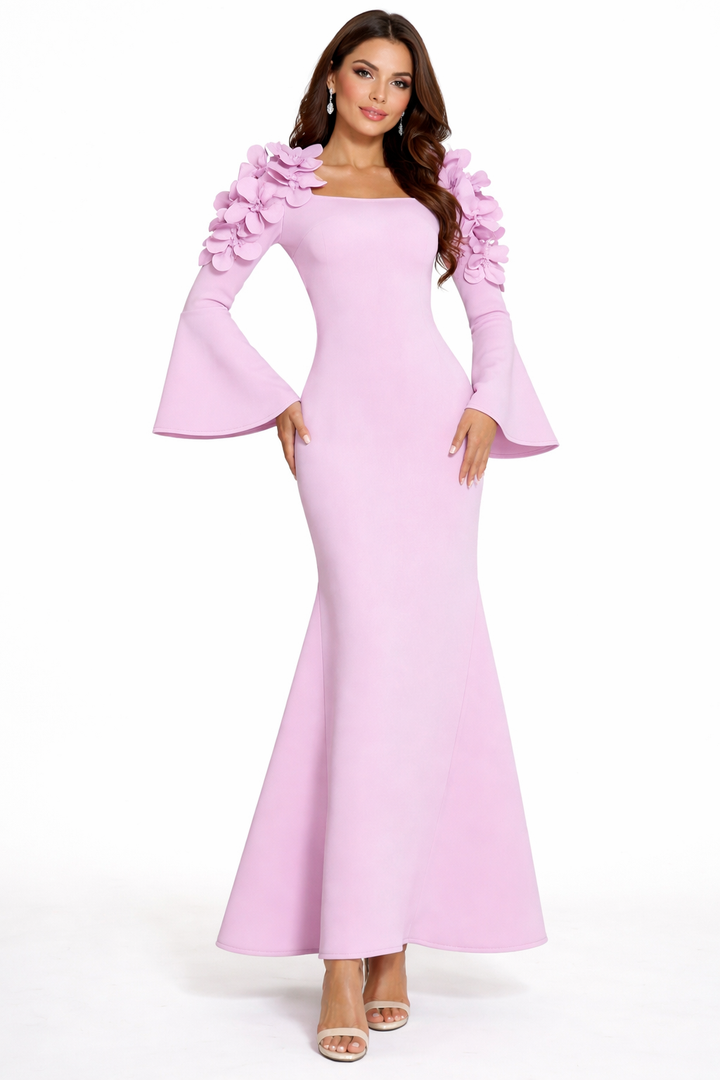 off-shoulder mermaid dress with bell sleeves and floral appliqué – ODD- BLOSSOM