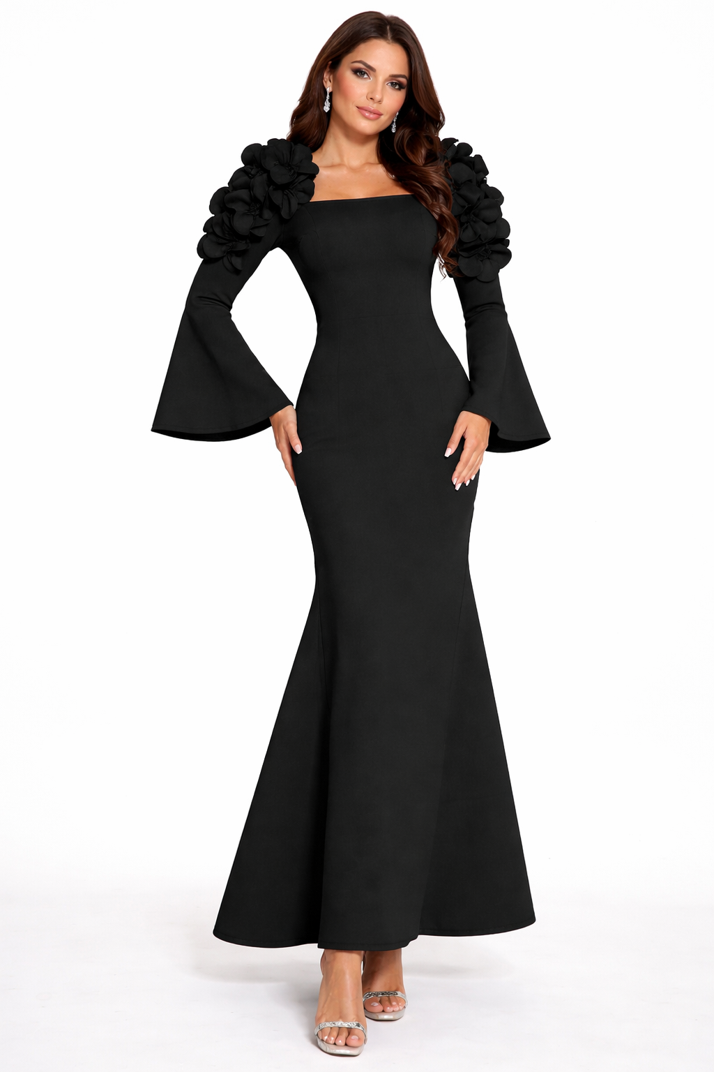 off-shoulder mermaid dress with bell sleeves and floral appliqué – ODD- BLOSSOM