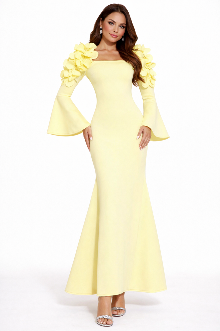 off-shoulder mermaid dress with bell sleeves and floral appliqué – ODD- BLOSSOM