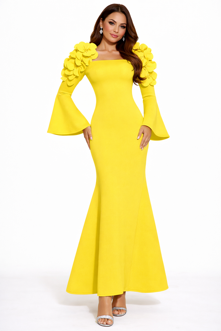 off-shoulder mermaid dress with bell sleeves and floral appliqué – ODD- BLOSSOM