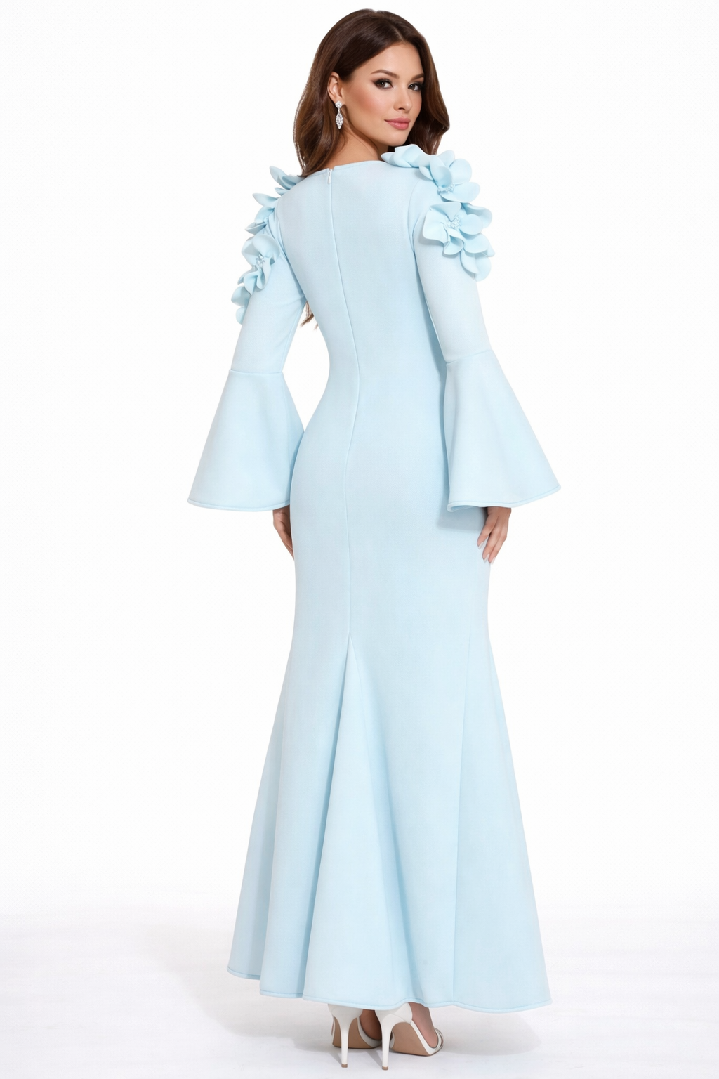 off-shoulder mermaid dress with bell sleeves and floral appliqué – ODD- BLOSSOM