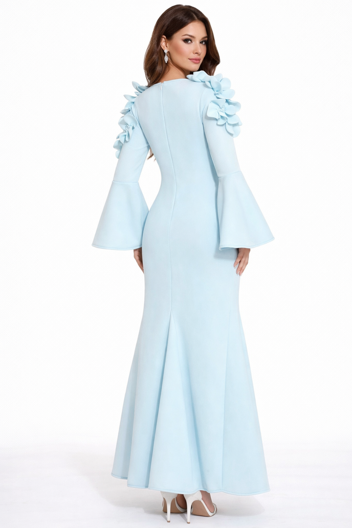 off-shoulder mermaid dress with bell sleeves and floral appliqué – ODD- BLOSSOM