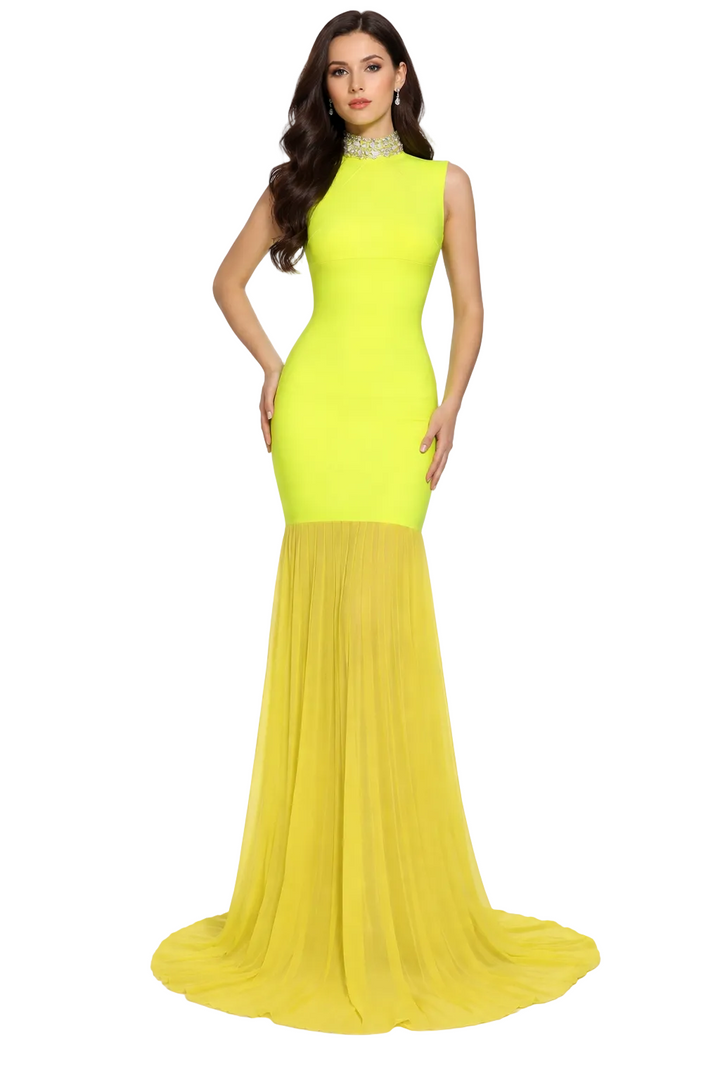 sleeveless mermaid gown with pleated chiffon hem – LIME