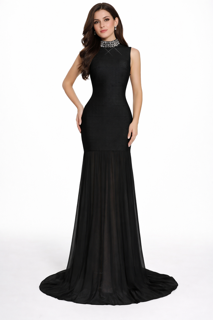 sleeveless mermaid gown with pleated chiffon hem – LIME