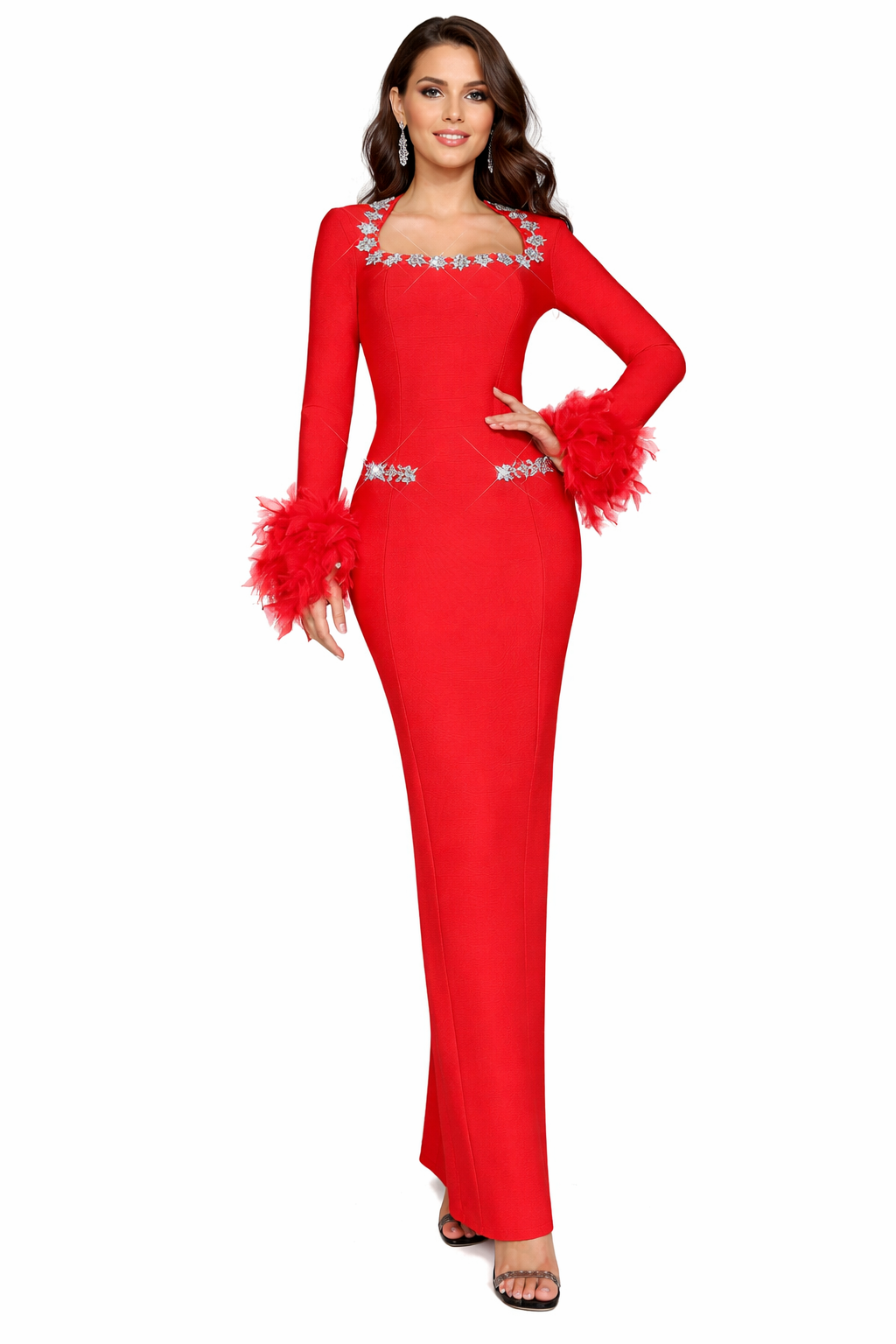 embellished column evening gown with feather cuffs – ALLURE