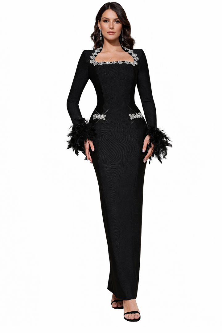 embellished column evening gown with feather cuffs – ALLURE