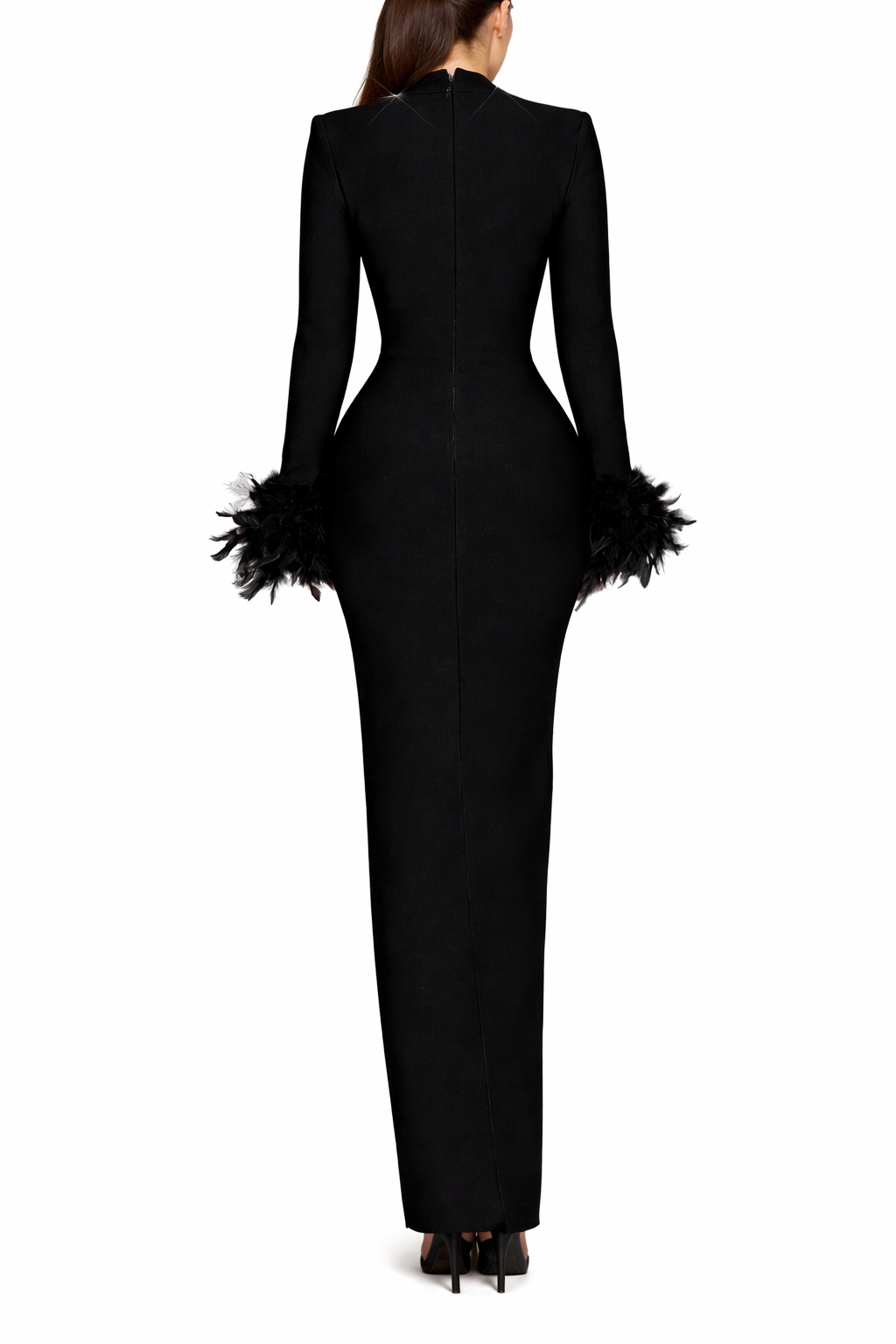 embellished column evening gown with feather cuffs – ALLURE