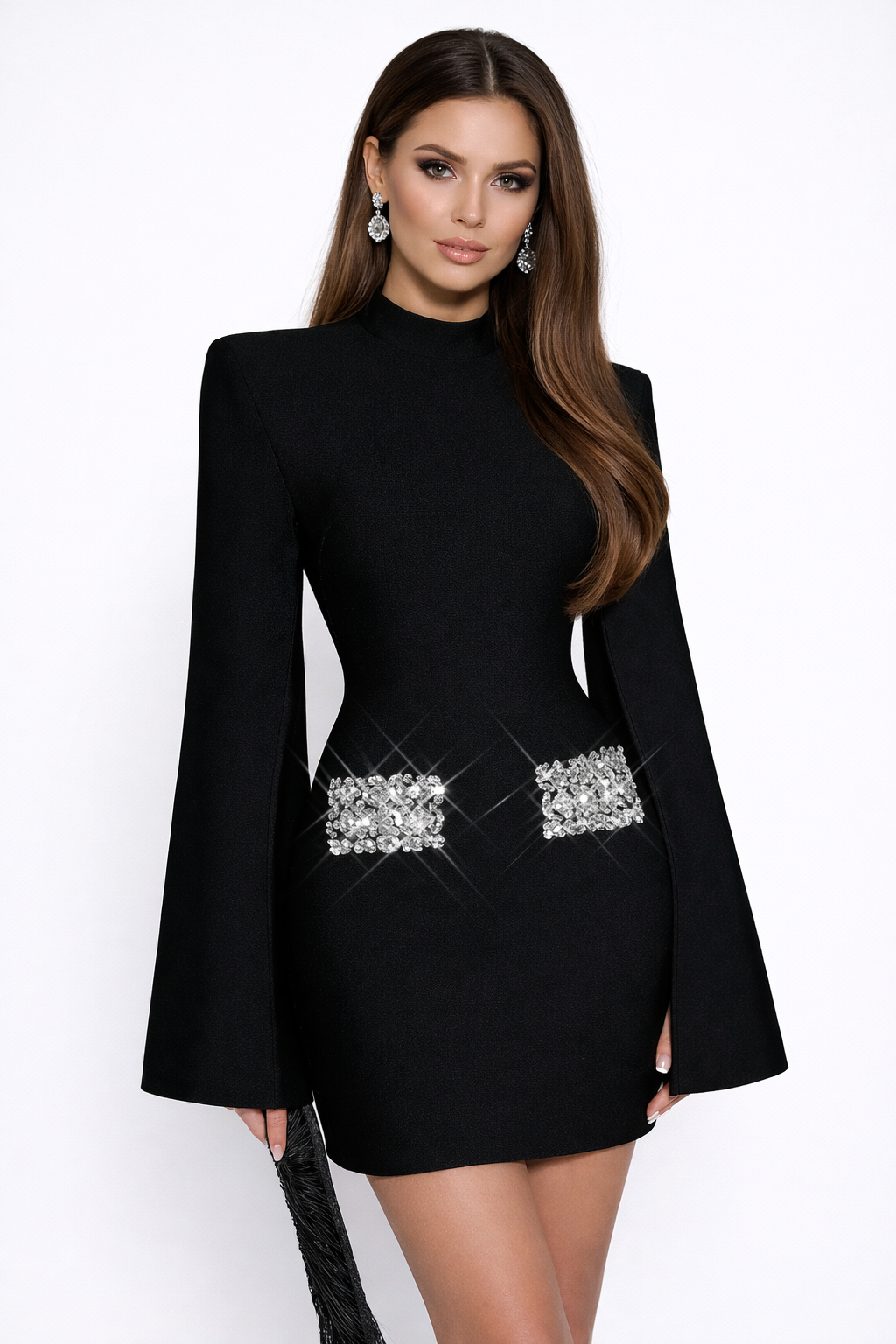 high-neck mini dress with slit sleeves and crystal waist detail – VEIL