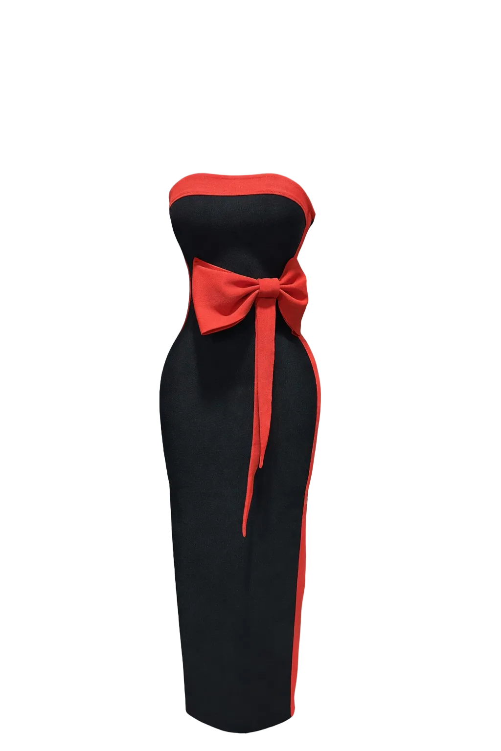 strapless color-block midi dress with bow waist detail – ROUGE