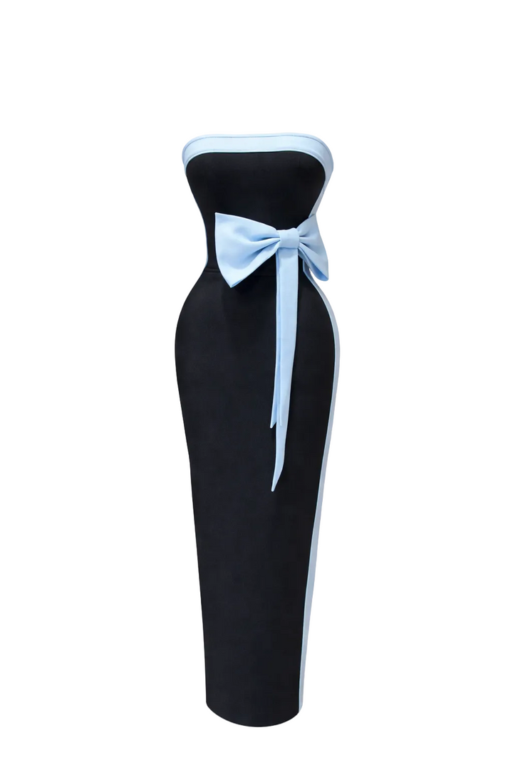 strapless color-block midi dress with bow waist detail – ROUGE