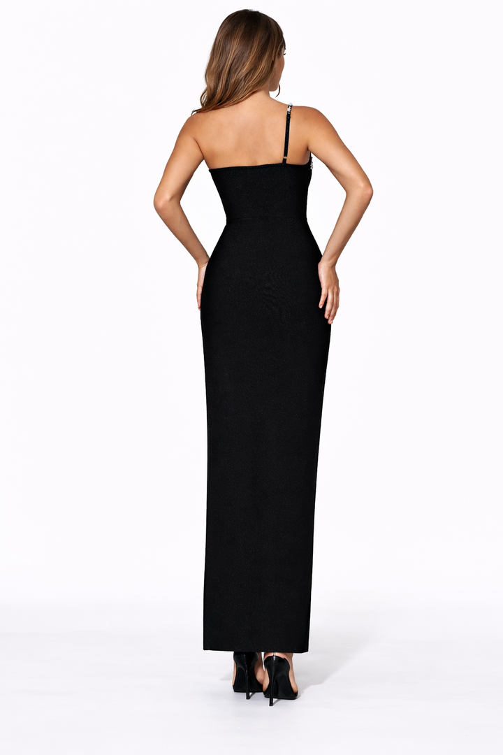 one-shoulder evening gown with pearl trim and thigh slit – PEARL