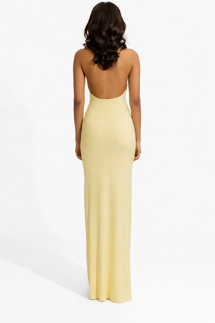 halter neck column dress with ruffle detail – LUMIÈRE