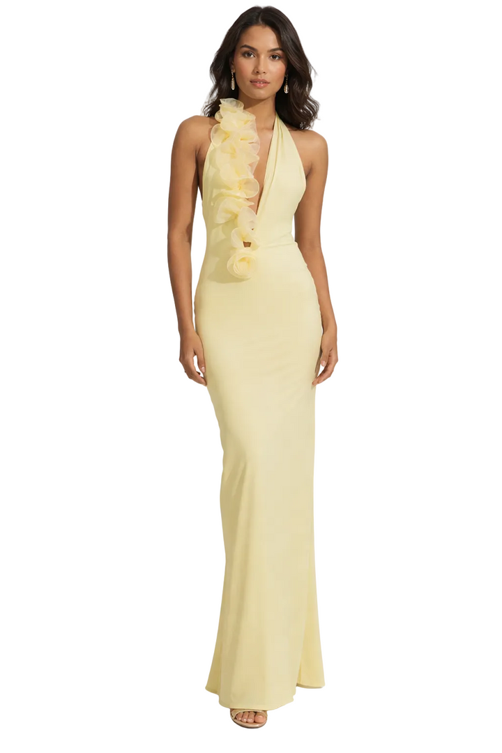 halter neck column dress with ruffle detail – LUMIÈRE