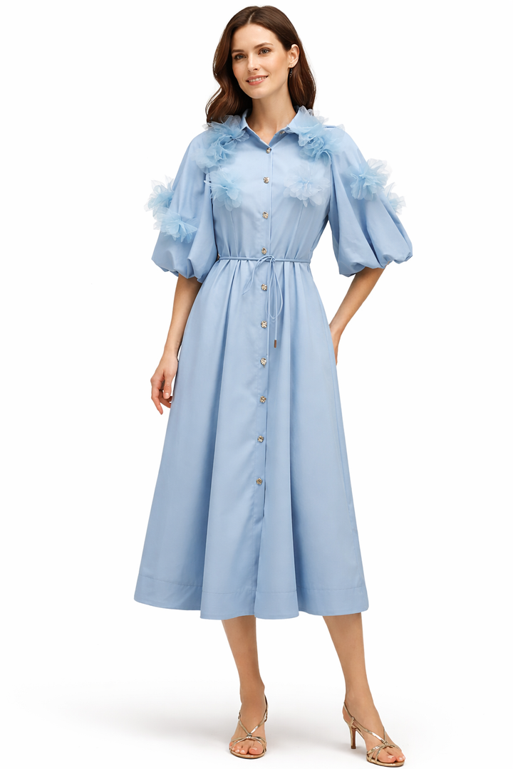 button-front midi dress with floral appliqué sleeves – AZURE