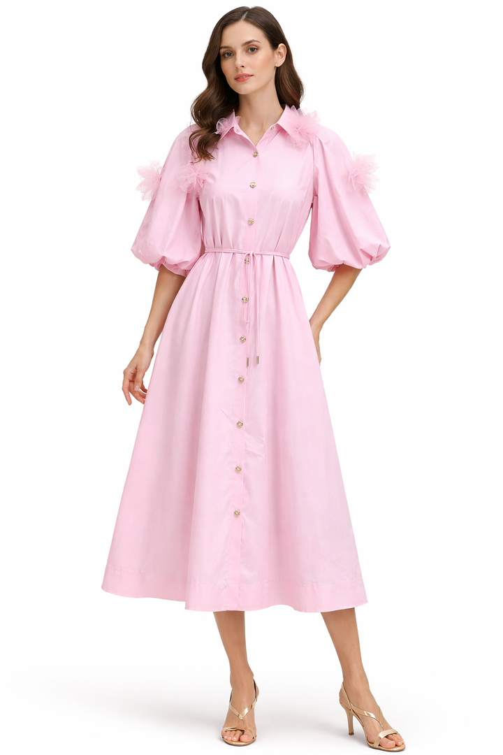 button-front midi dress with floral appliqué sleeves – AZURE