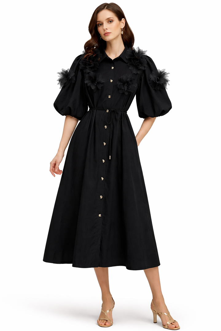 button-front midi dress with floral appliqué sleeves – AZURE