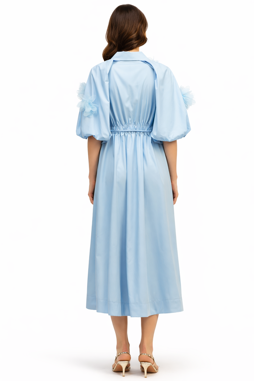button-front midi dress with floral appliqué sleeves – AZURE