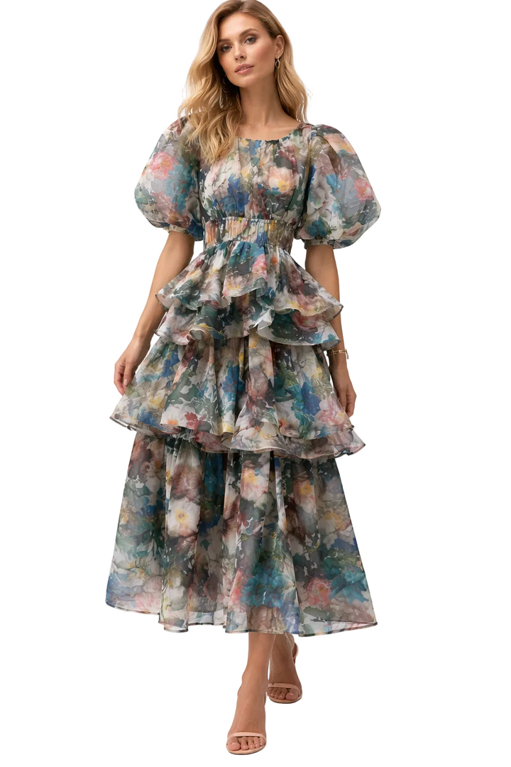 ruffled tiered midi dress with puff sleeves – MOHAMED