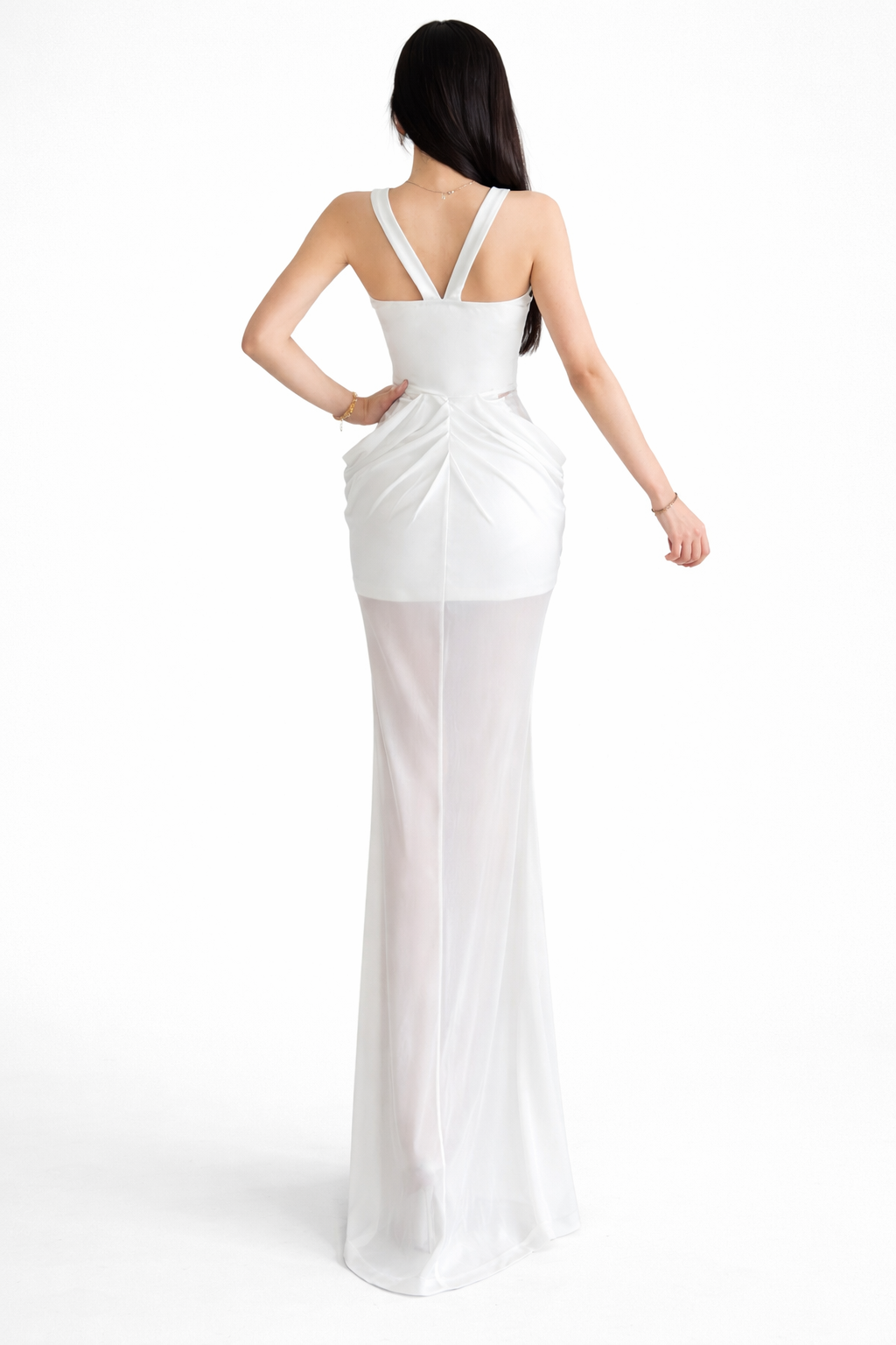 sheer mesh maxi dress with embellished neckline – IVORY