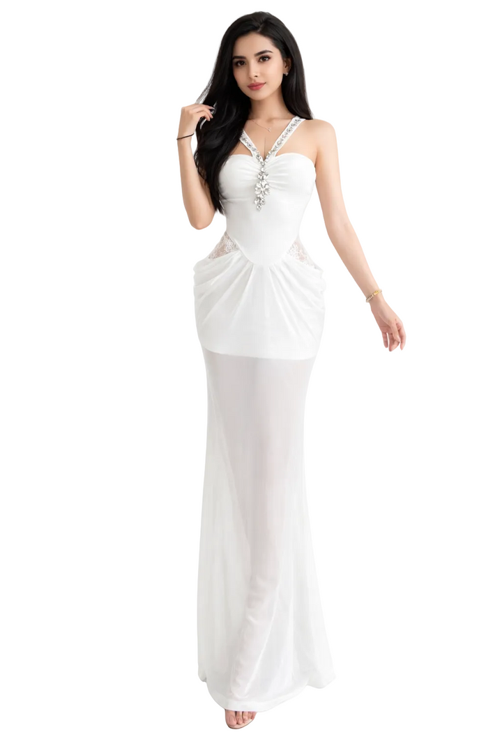 sheer mesh maxi dress with embellished neckline – IVORY