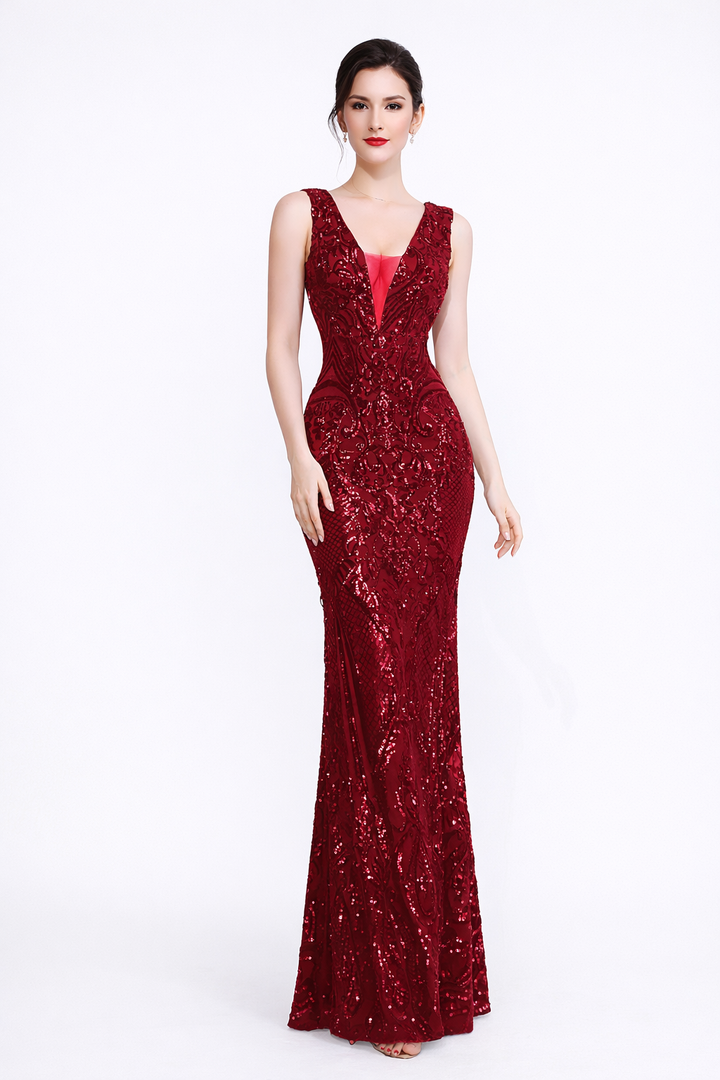 Sleeveless V-Neck Sequin Evening Gown – RUBY