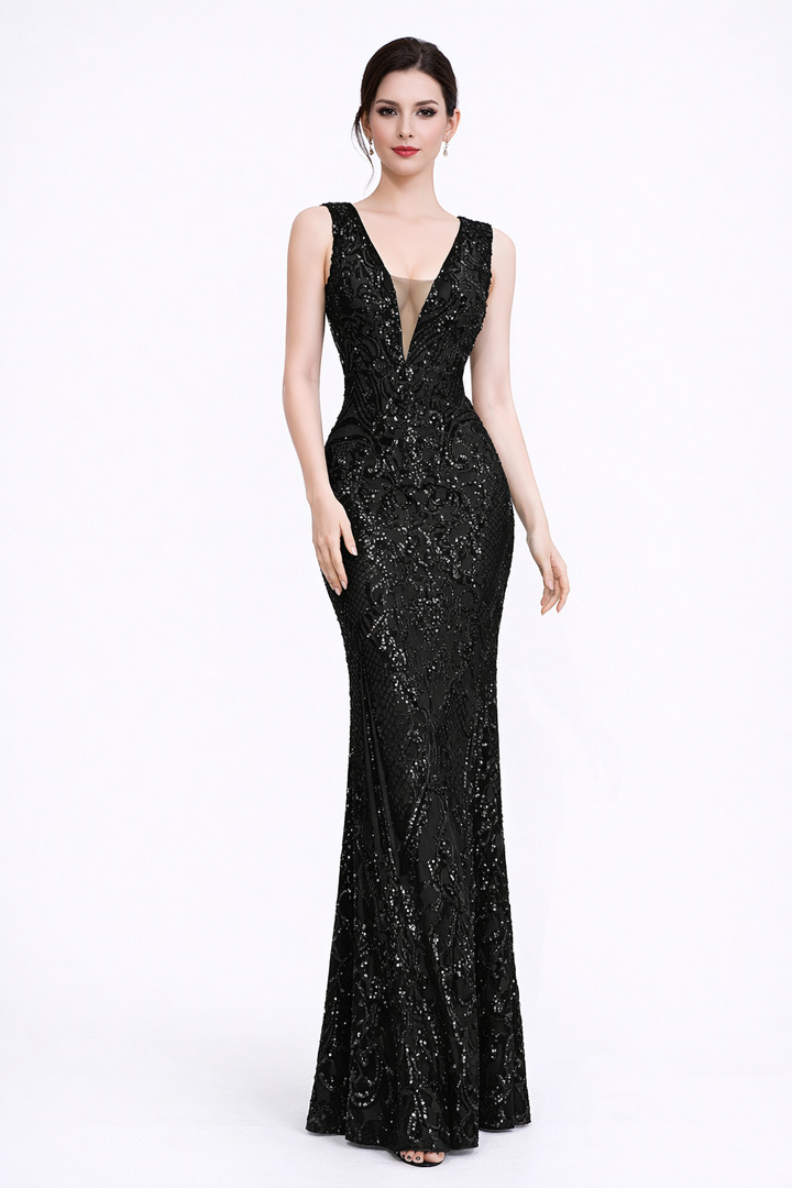 Sleeveless V-Neck Sequin Evening Gown – RUBY