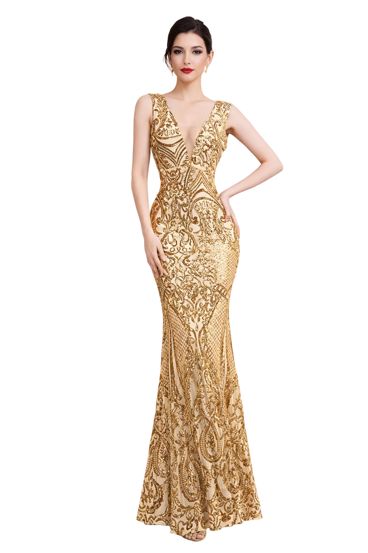 Sleeveless V-Neck Sequin Evening Gown – RUBY