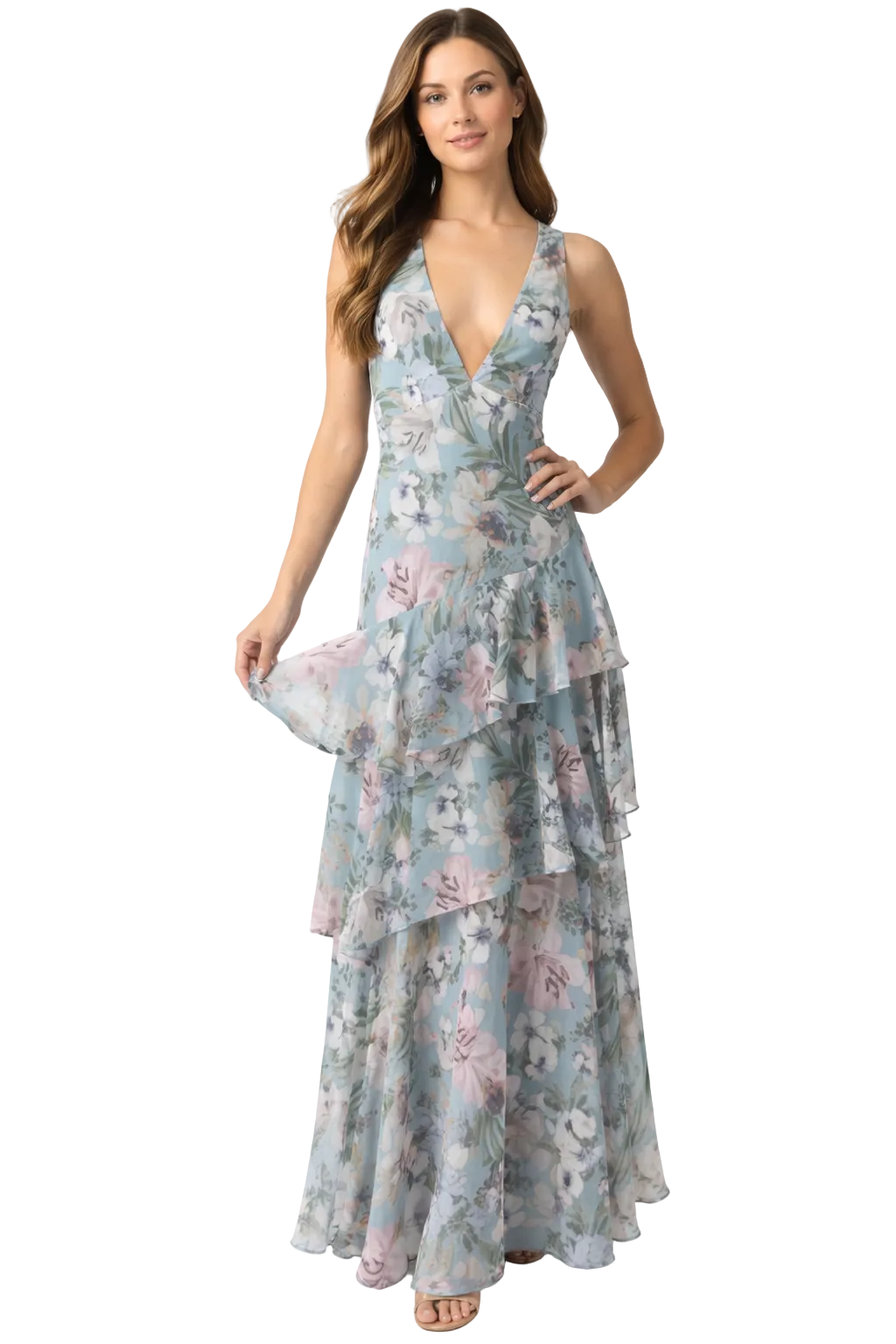 Sleeveless V-neck maxi dress with layered floral ruffles – SERENA