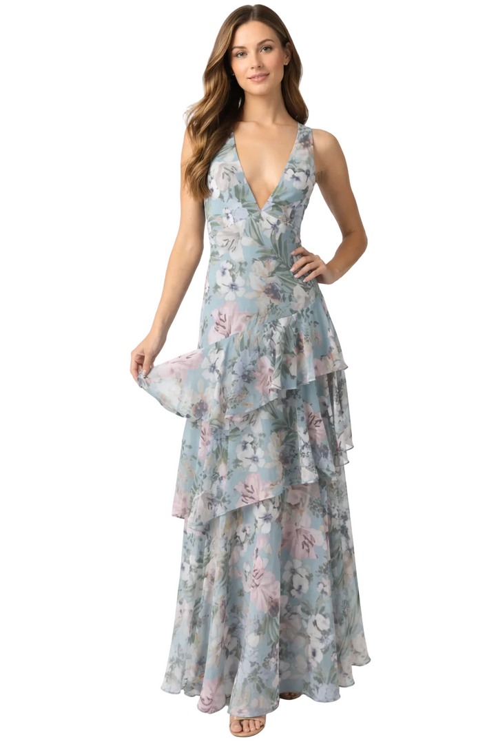 Sleeveless V-neck maxi dress with layered floral ruffles – SERENA