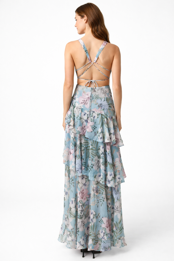 Sleeveless V-neck maxi dress with layered floral ruffles – SERENA