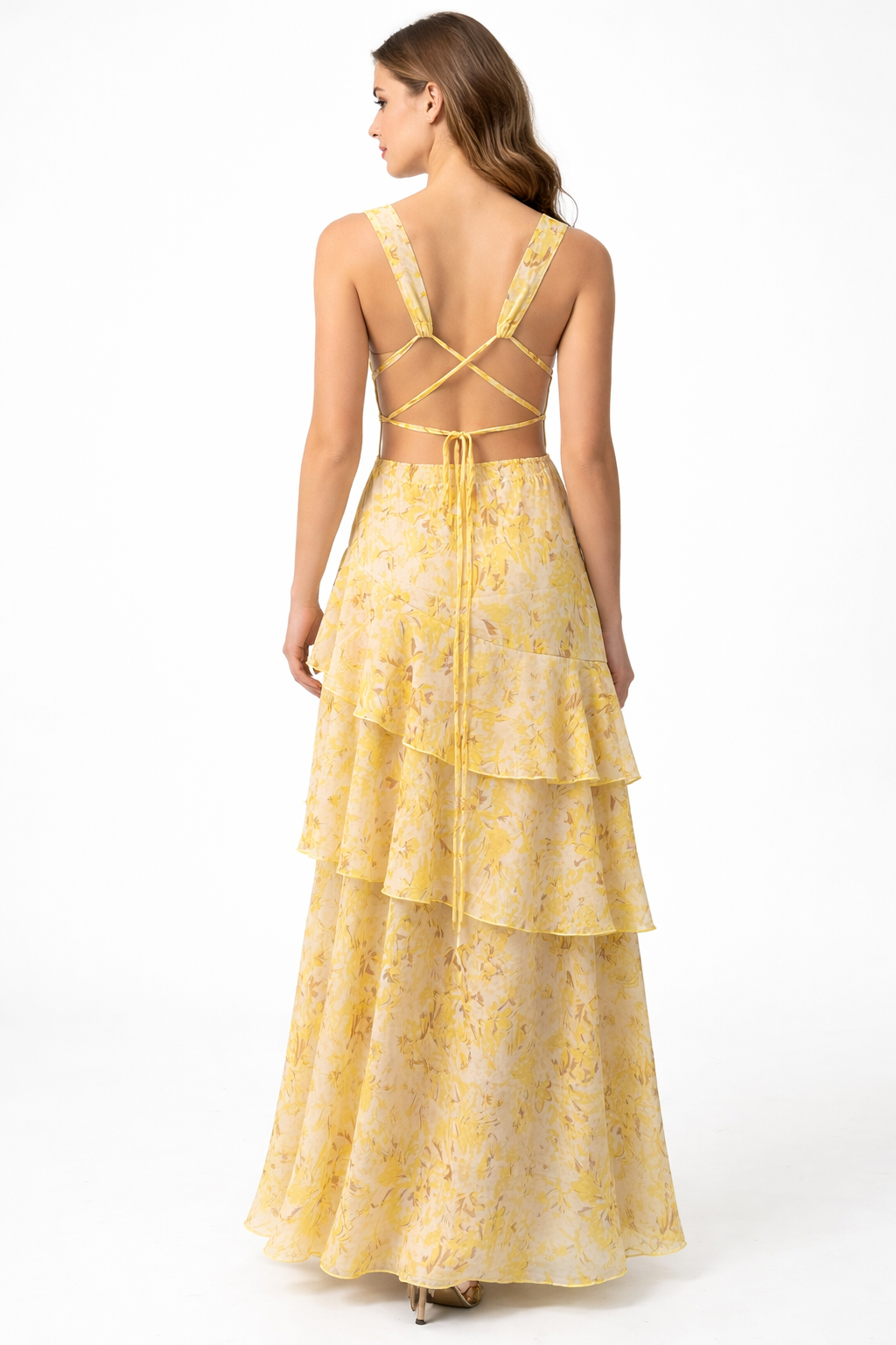 Sleeveless V-neck maxi dress with layered floral ruffles – SERENA
