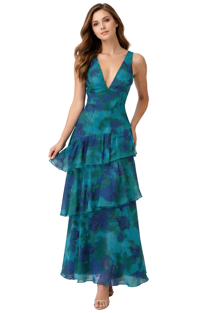 Sleeveless V-neck maxi dress with layered floral ruffles – SERENA
