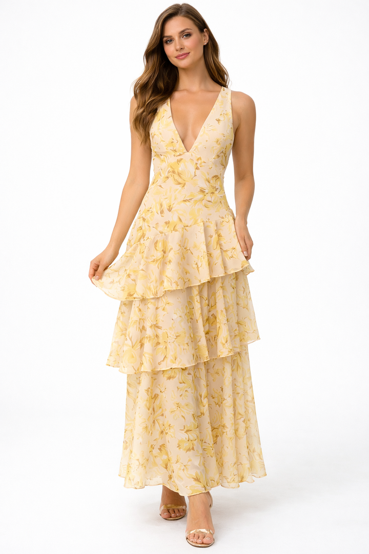 Sleeveless V-neck maxi dress with layered floral ruffles – SERENA