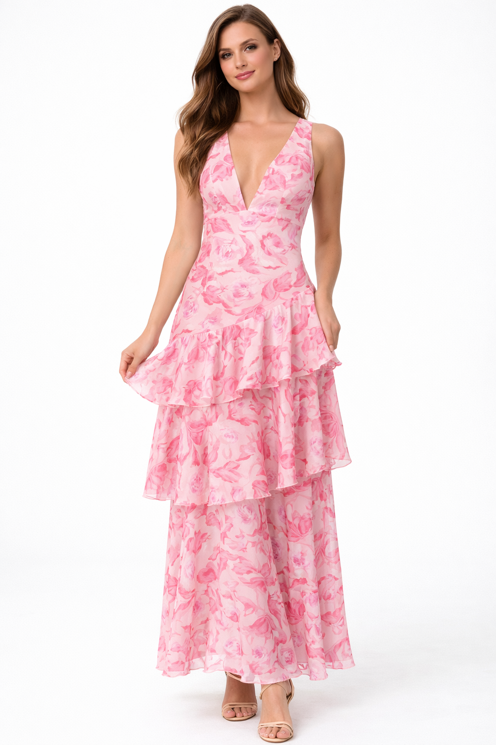Sleeveless V-neck maxi dress with layered floral ruffles – SERENA