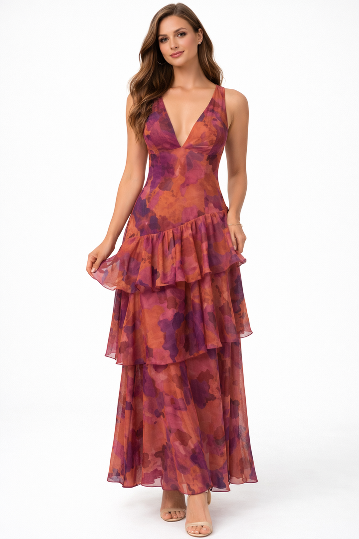 Sleeveless V-neck maxi dress with layered floral ruffles – SERENA