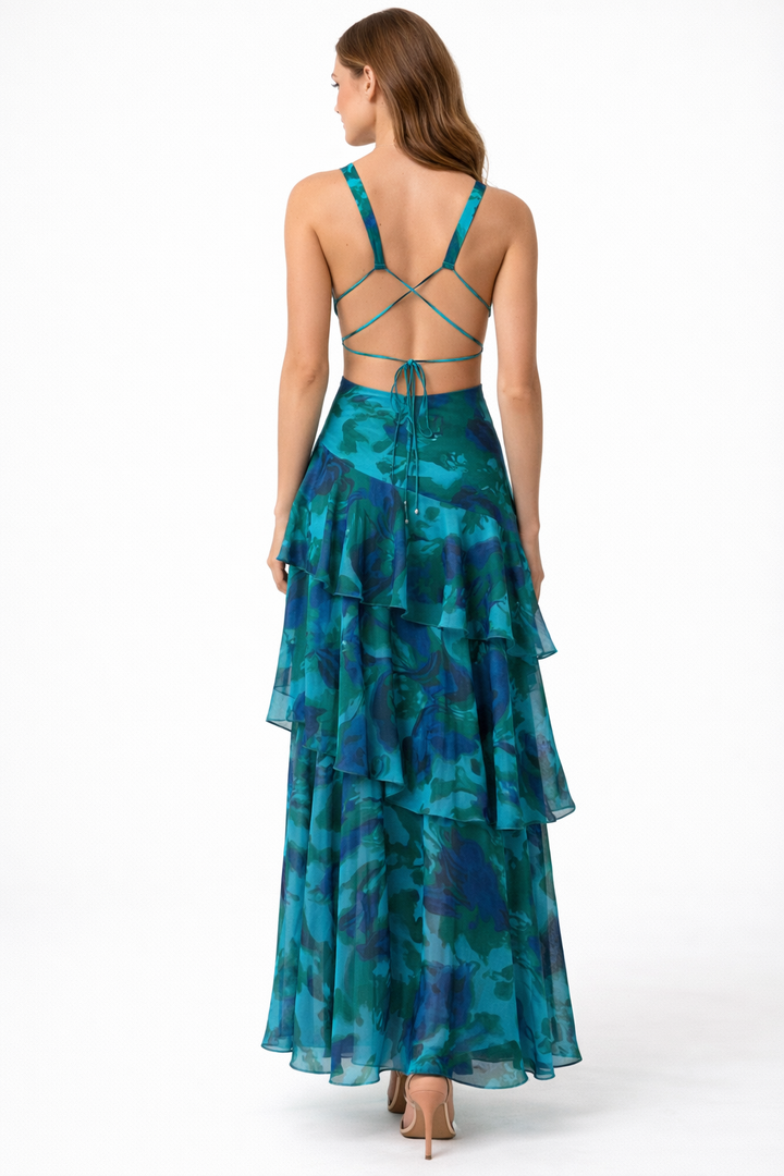 Sleeveless V-neck maxi dress with layered floral ruffles – SERENA