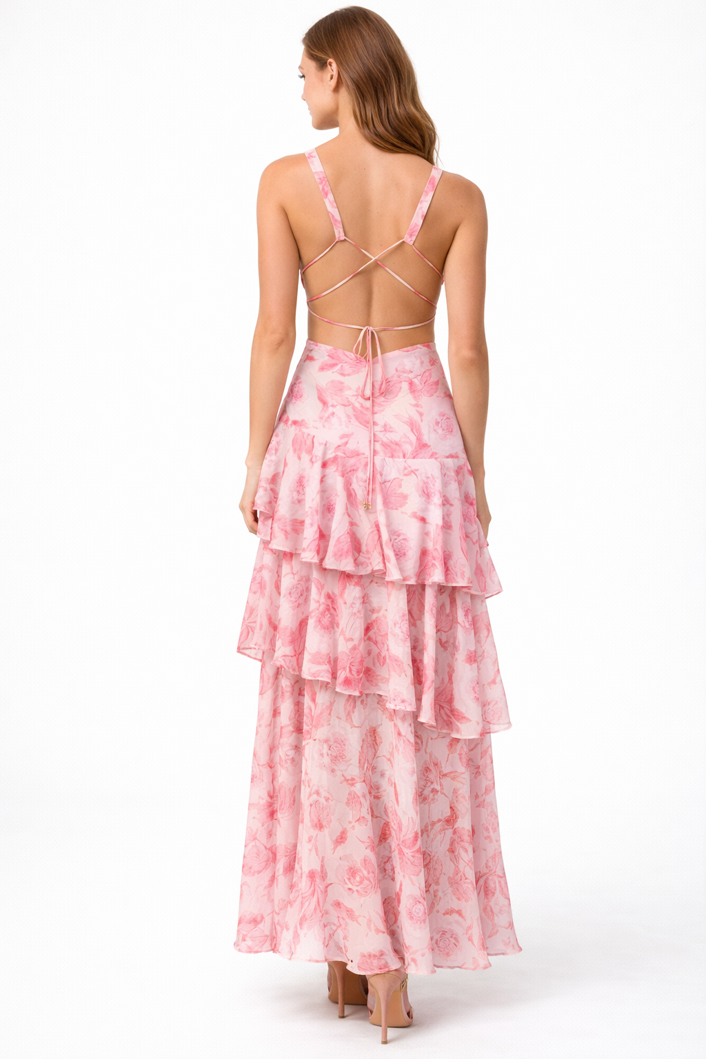 Sleeveless V-neck maxi dress with layered floral ruffles – SERENA