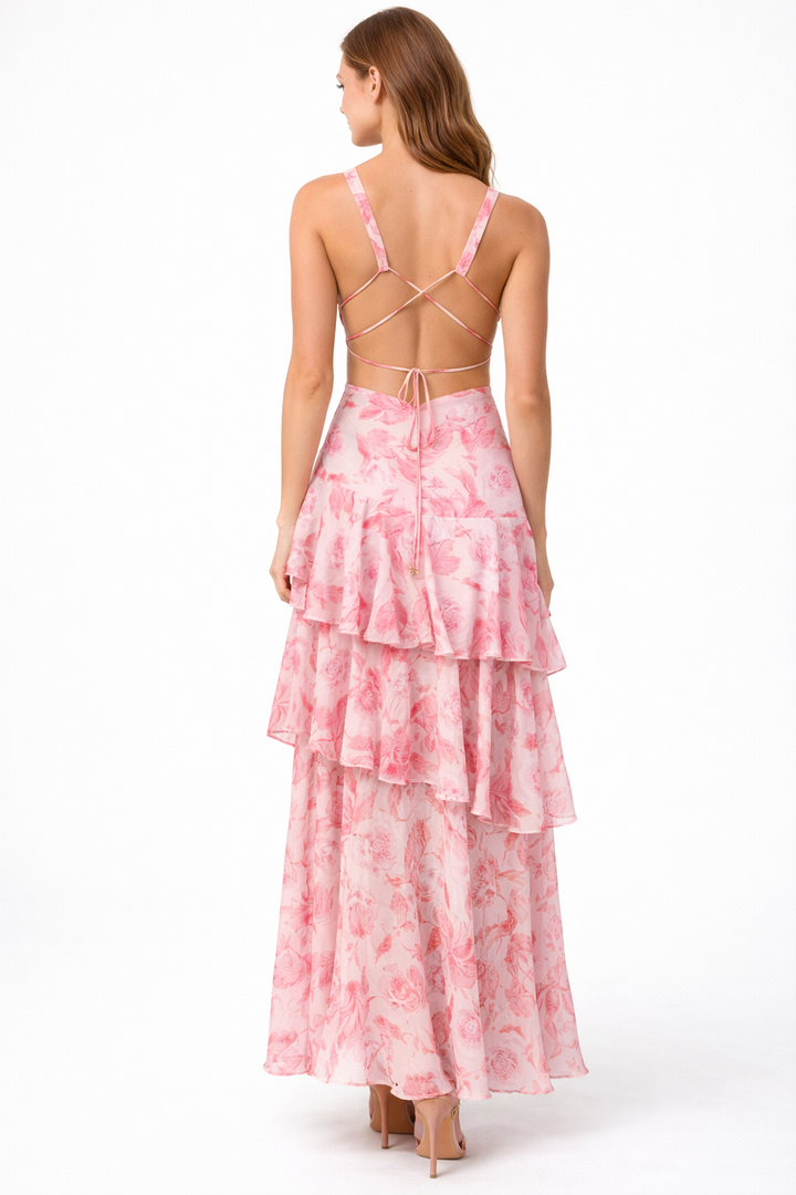 Sleeveless V-neck maxi dress with layered floral ruffles – SERENA