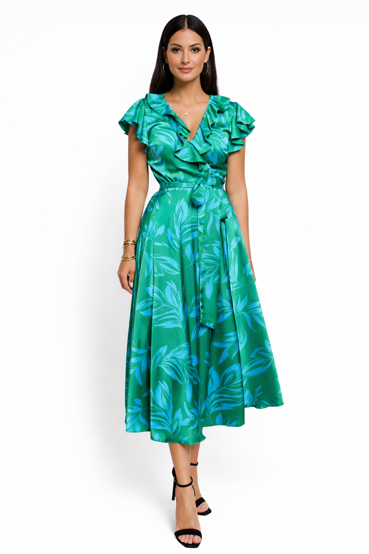 Wrap midi dress with ruffled V-neck and leafy print – EMERALD