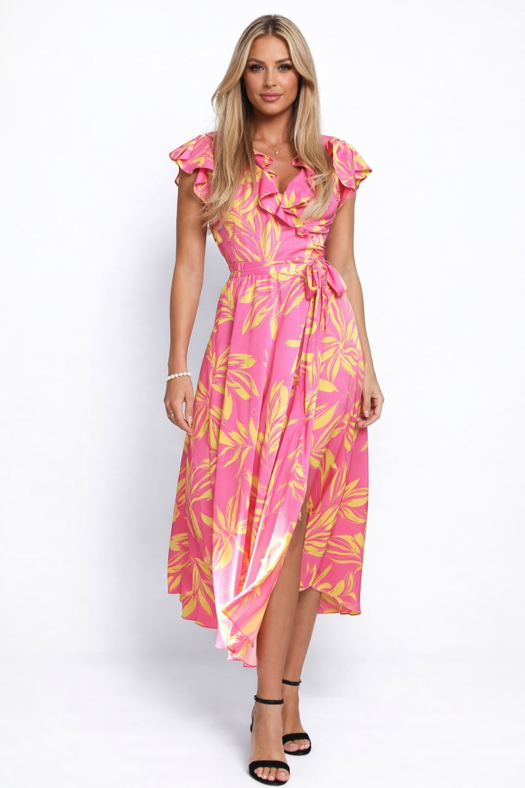 Wrap midi dress with ruffled V-neck and leafy print – EMERALD
